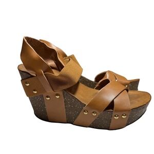 Pierre Dumas Women Tan Leather Strappy Wedge Sandals Elastic Ankle Strap Size 6